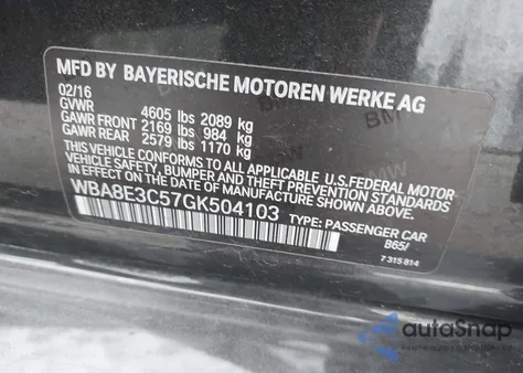 2016 BMW 328I xDrive from USA, damaged, VIN WBA8E3C57GK504103